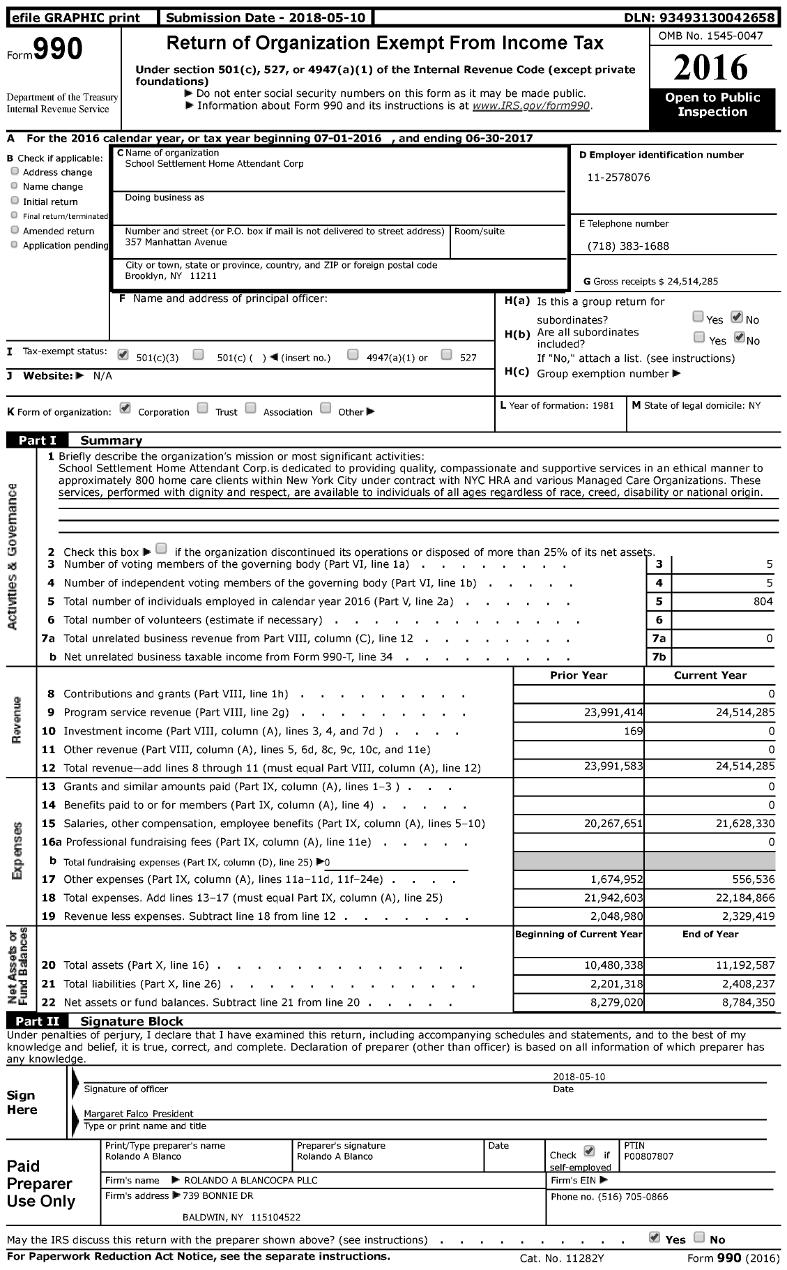 Image of first page of 2016 Form 990 for School Settlement Home Attendant Service Corporation
