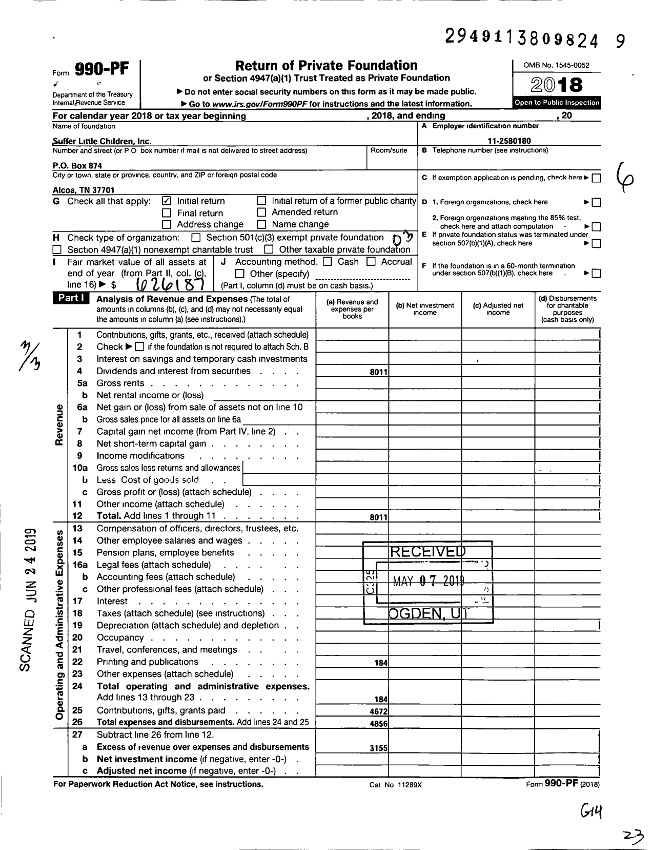 Image of first page of 2018 Form 990PF for Suffer Little Children