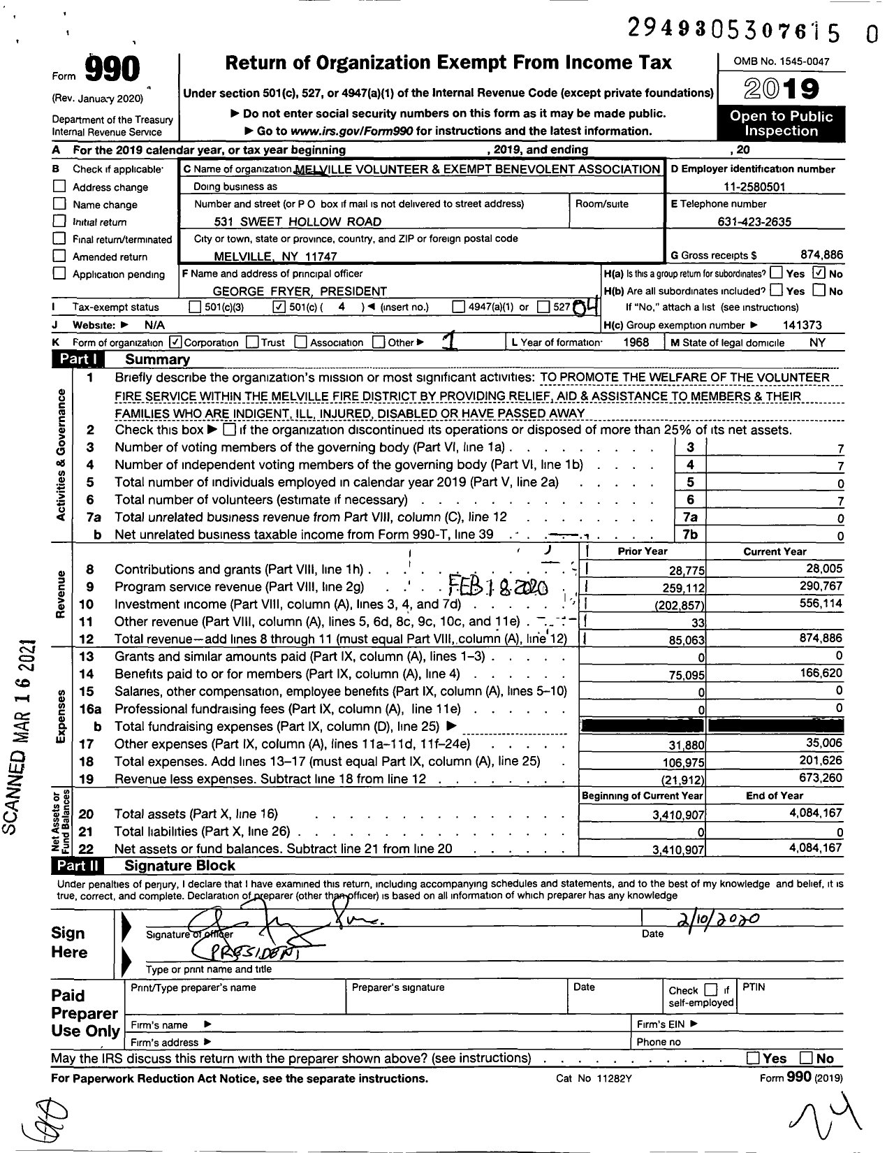 Image of first page of 2019 Form 990O for Melville Volunteer and Exempt Firemens Benevolent Association