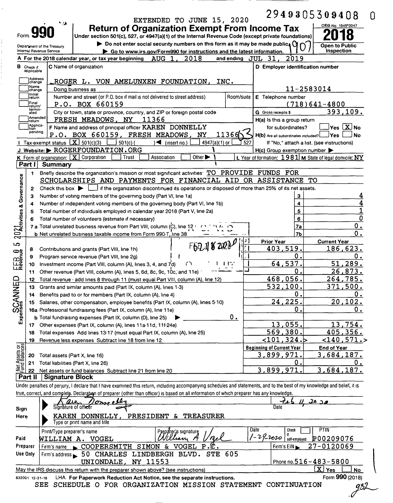 Image of first page of 2018 Form 990 for Roger L Von Amelunxen Foundation