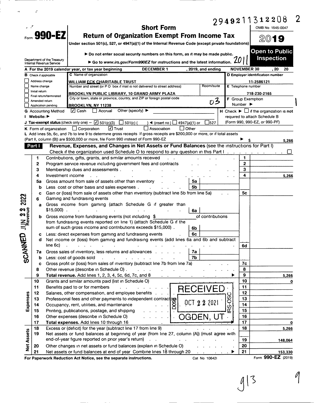 Image of first page of 2019 Form 990EZ for William Eck Charitable Trust