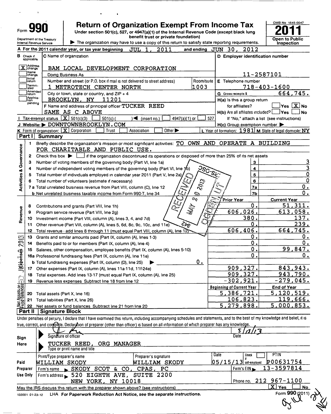 Image of first page of 2011 Form 990 for Bam Local Development Corporation