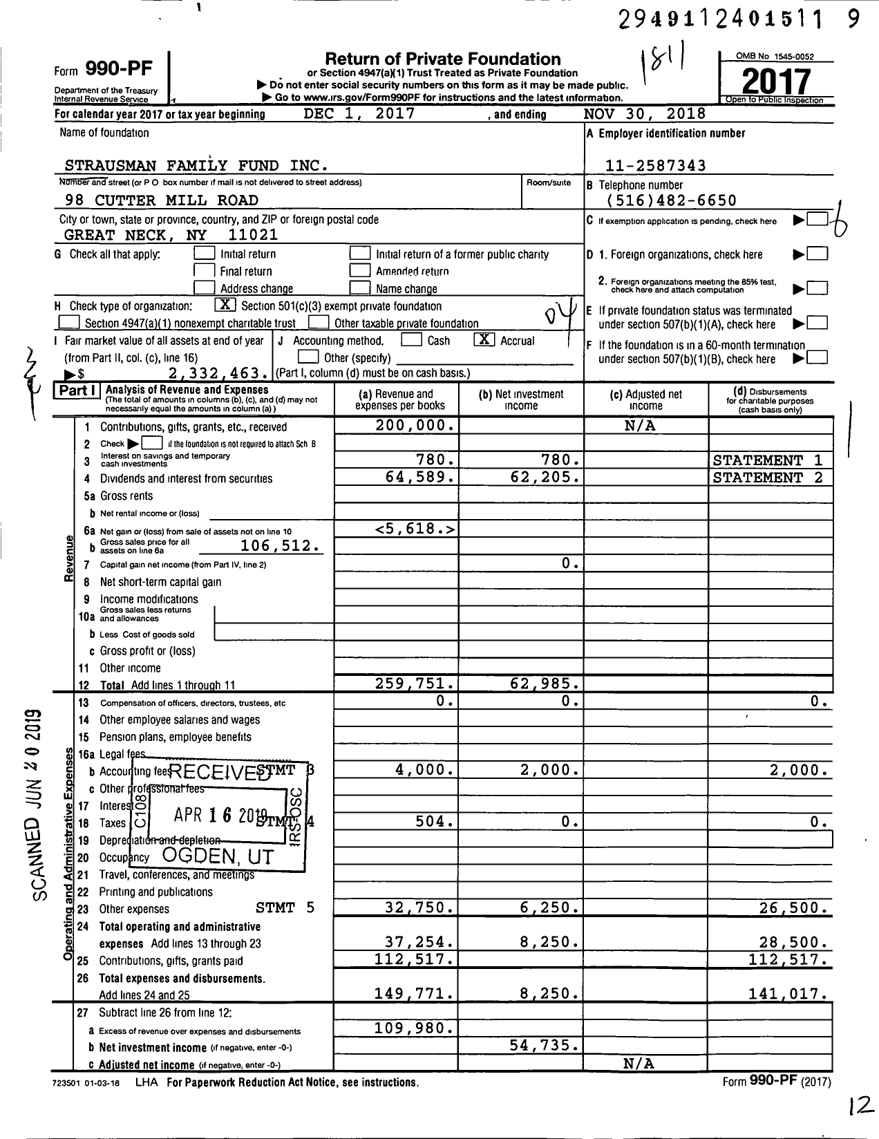 Image of first page of 2017 Form 990PF for Strausman Family Fund