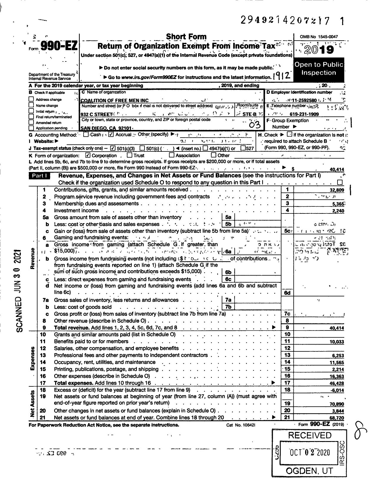 Image of first page of 2019 Form 990EZ for Coalition of Free Men / National Coalition for Men