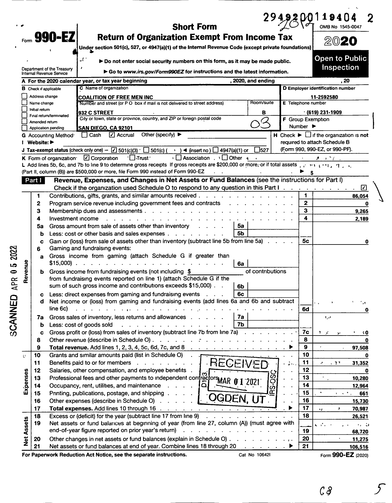 Image of first page of 2020 Form 990EZ for Coalition of Free Men / National Coalition for Men