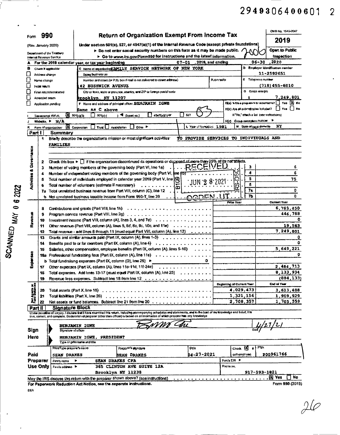 Image of first page of 2019 Form 990 for Family Services Network of New York