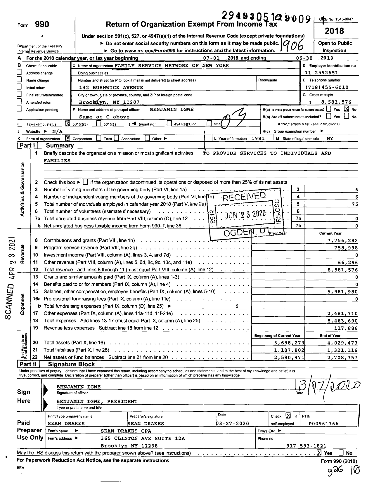 Image of first page of 2018 Form 990 for Family Services Network of New York