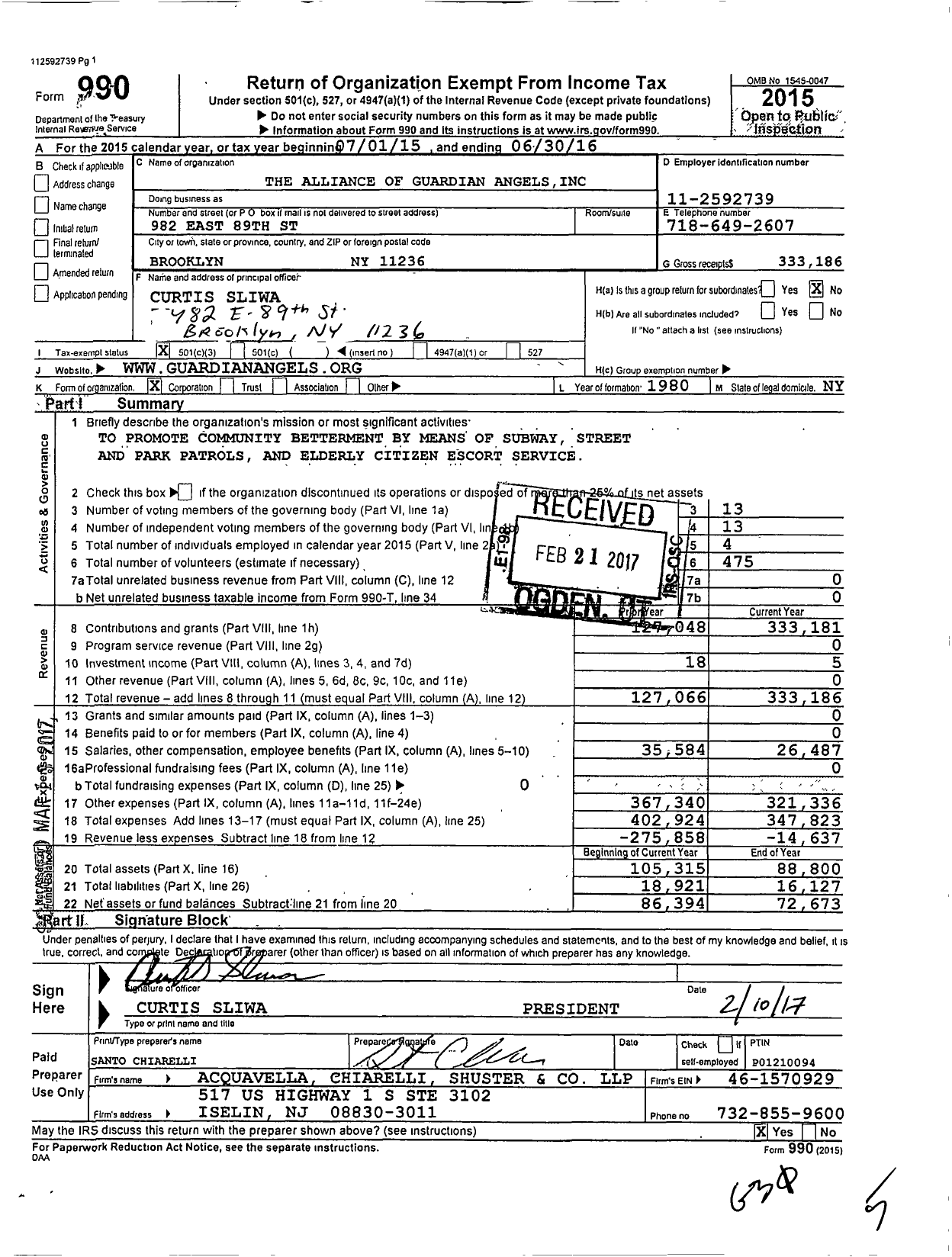 Image of first page of 2015 Form 990 for Alliance of Guardian Angels