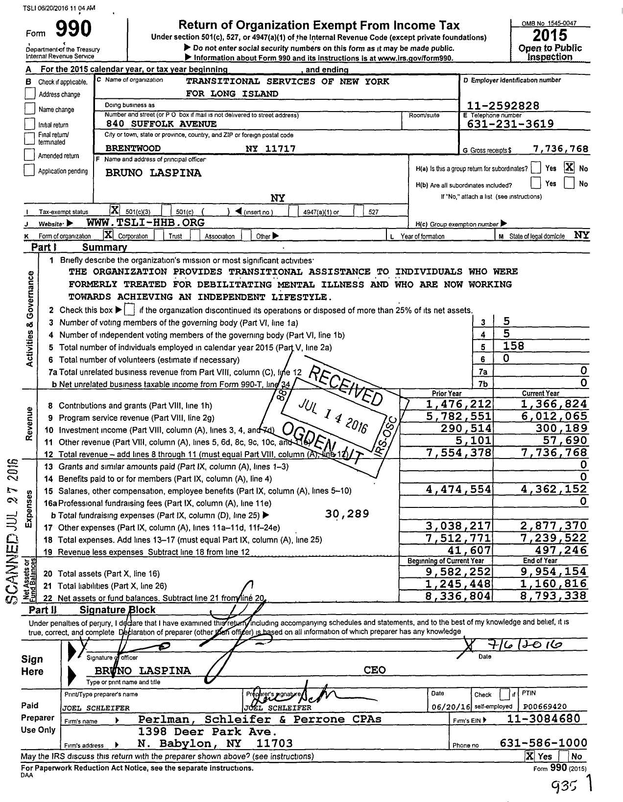 Image of first page of 2015 Form 990 for Transitional Services of New York for Long Island (TSLI)