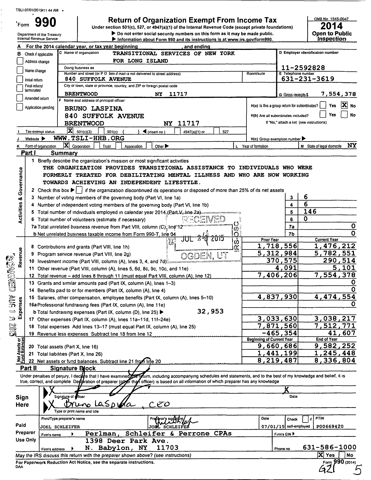 Image of first page of 2014 Form 990 for Transitional Services of New York for Long Island (TSLI)