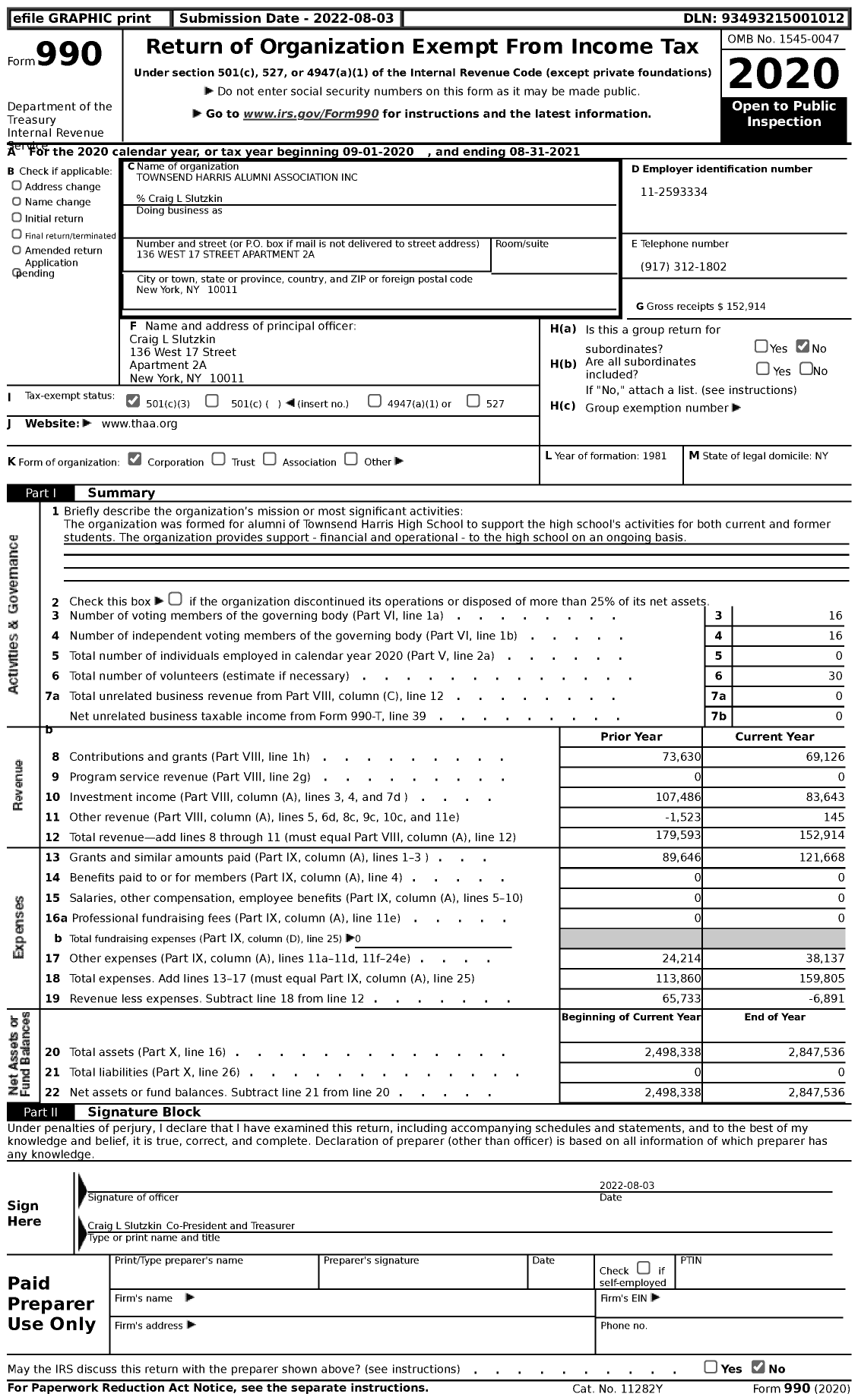 Image of first page of 2020 Form 990 for Townsend Harris Alumni Association