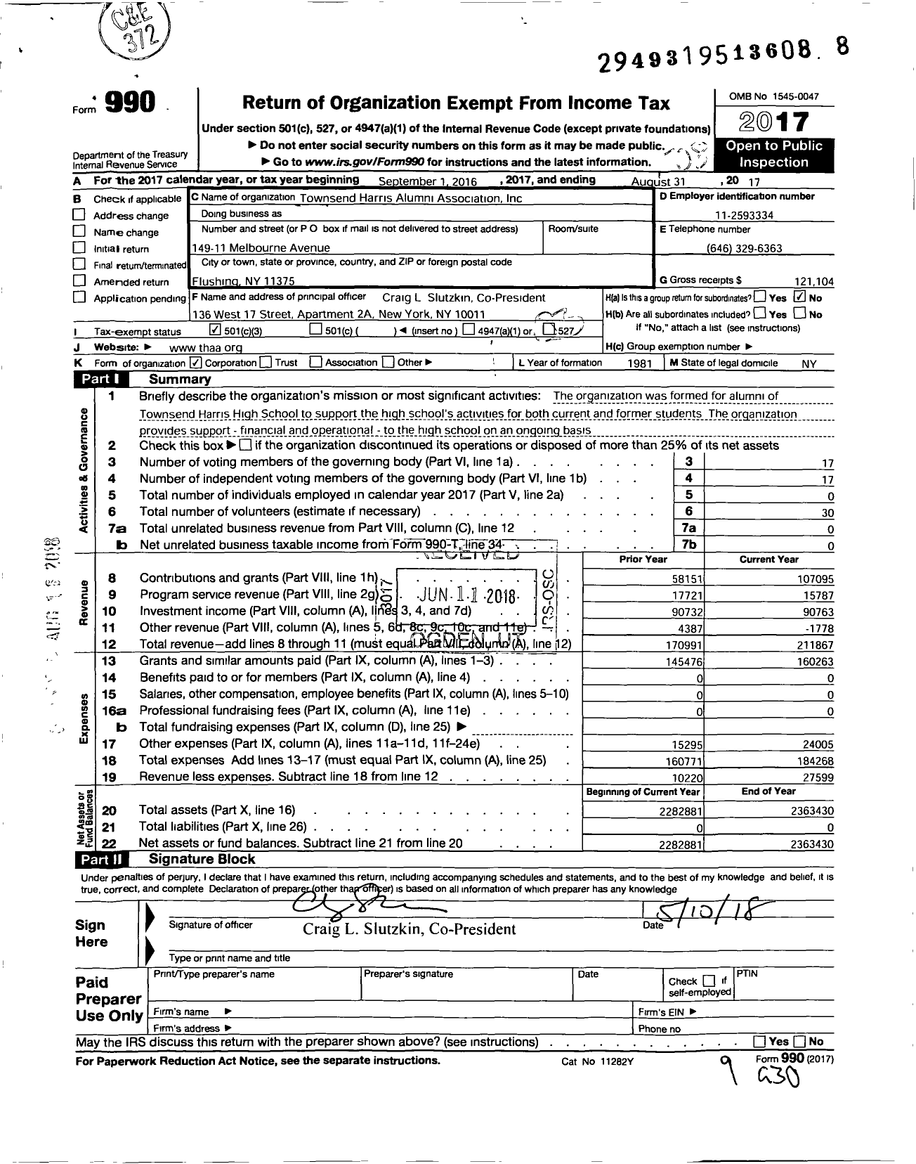 Image of first page of 2016 Form 990 for Townsend Harris Alumni Association