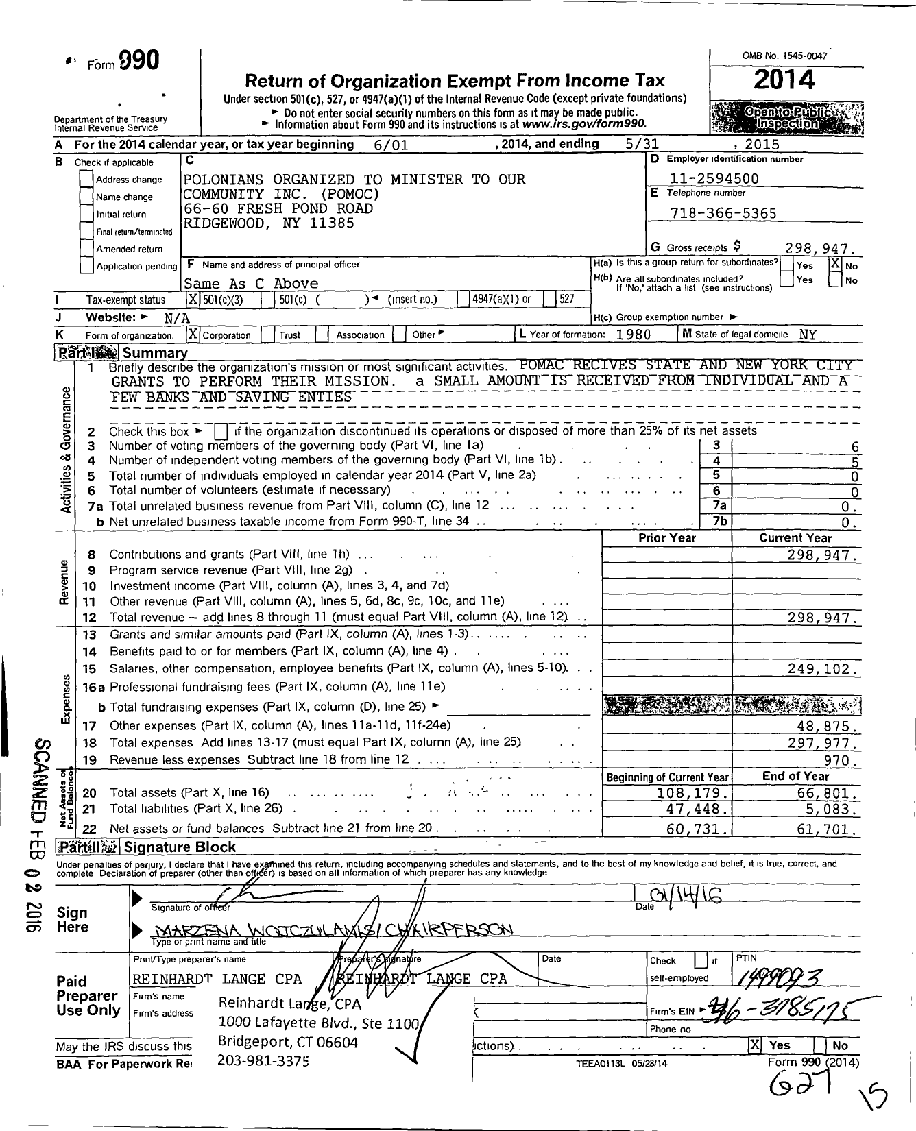 Image of first page of 2014 Form 990 for Pomoc
