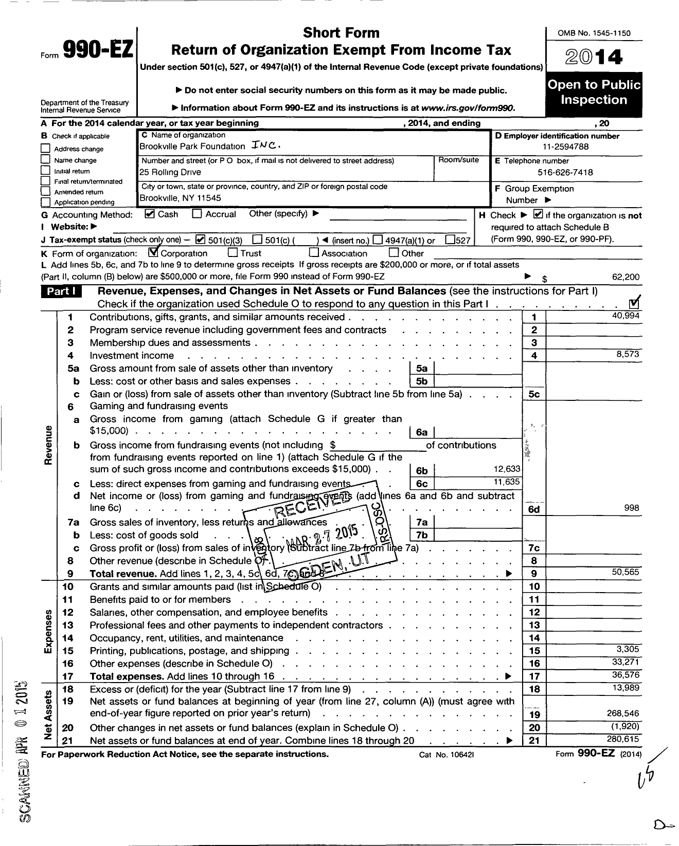 Image of first page of 2014 Form 990EZ for Brookville Park Foundation