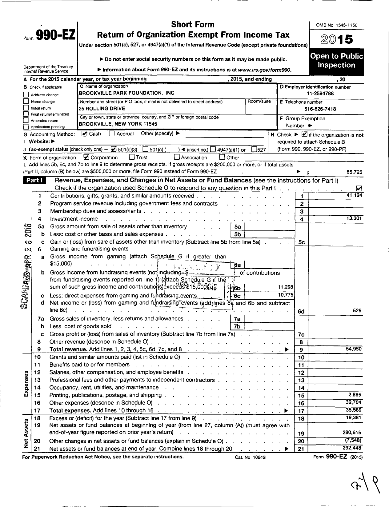 Image of first page of 2015 Form 990EZ for Brookville Park Foundation