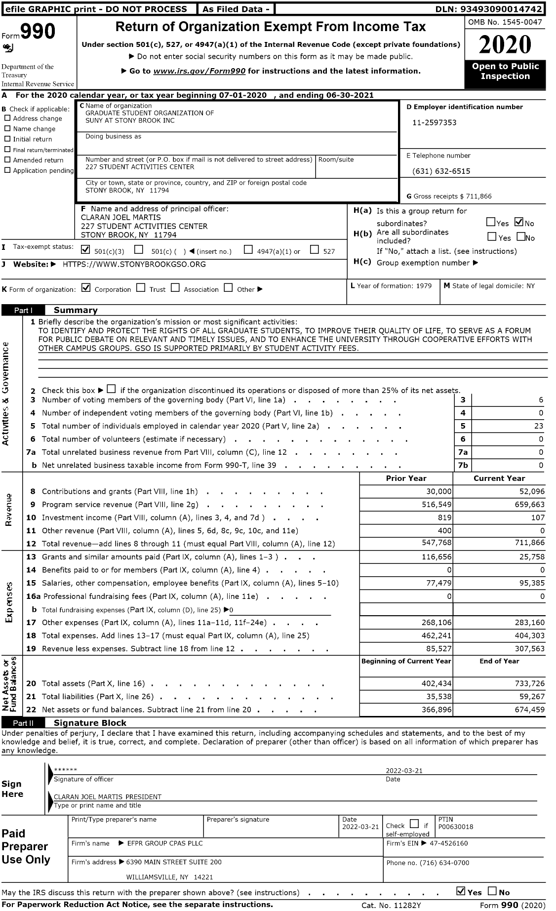 Image of first page of 2020 Form 990 for Graduate Student Organization of Suny at Stony Brook