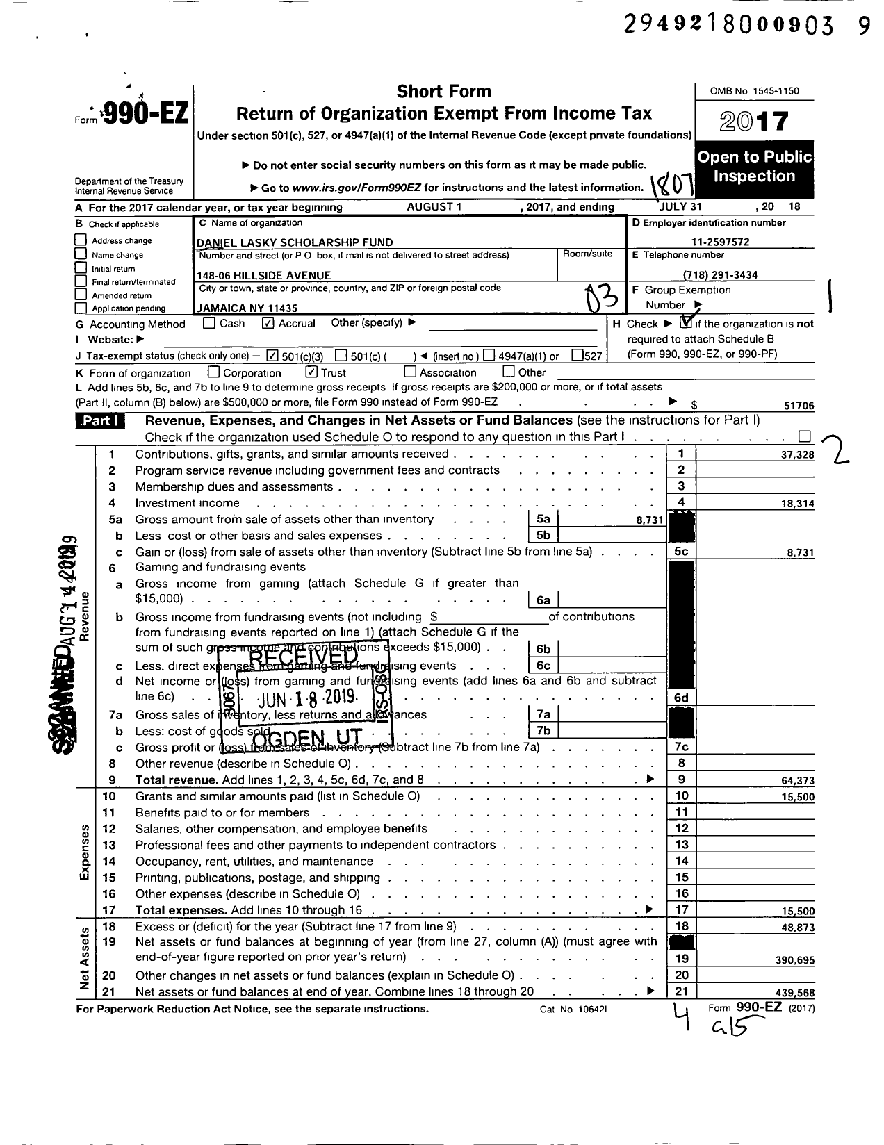 Image of first page of 2017 Form 990EZ for Daniel Lasky Scholarship Fund