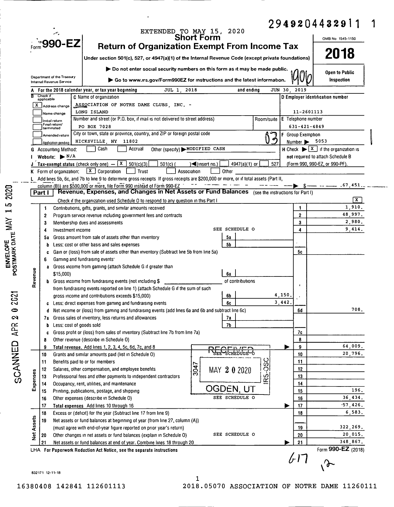 Image of first page of 2018 Form 990EZ for Association of Notre Dame Clubs - Long Island