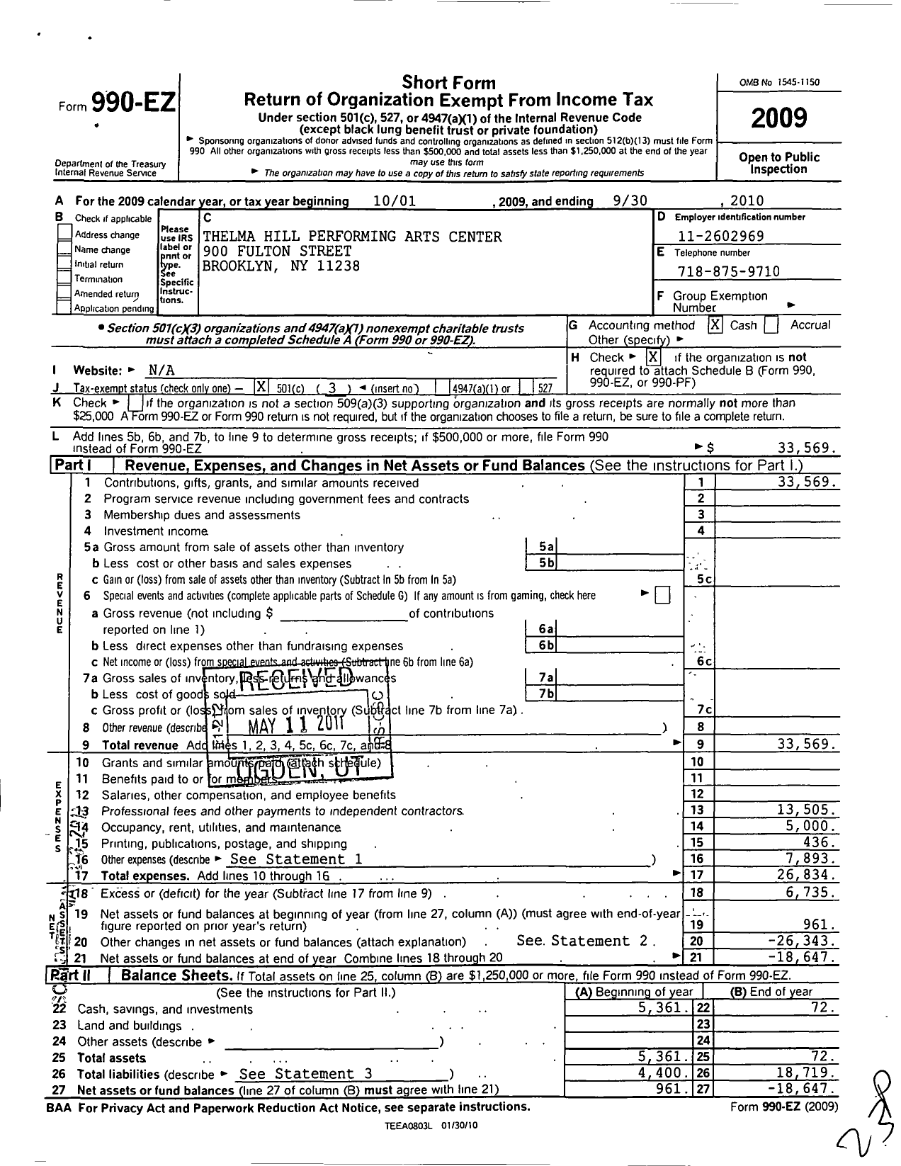 Image of first page of 2009 Form 990EZ for Thelma Thelma Hill Performing Arts Center