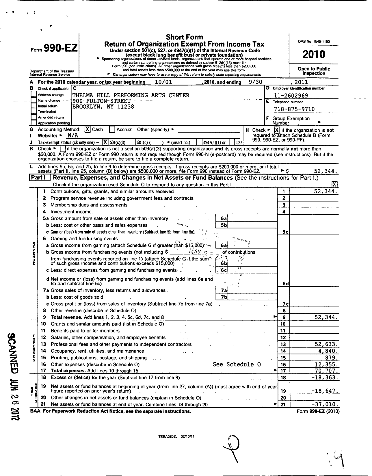 Image of first page of 2010 Form 990EZ for Thelma Thelma Hill Performing Arts Center