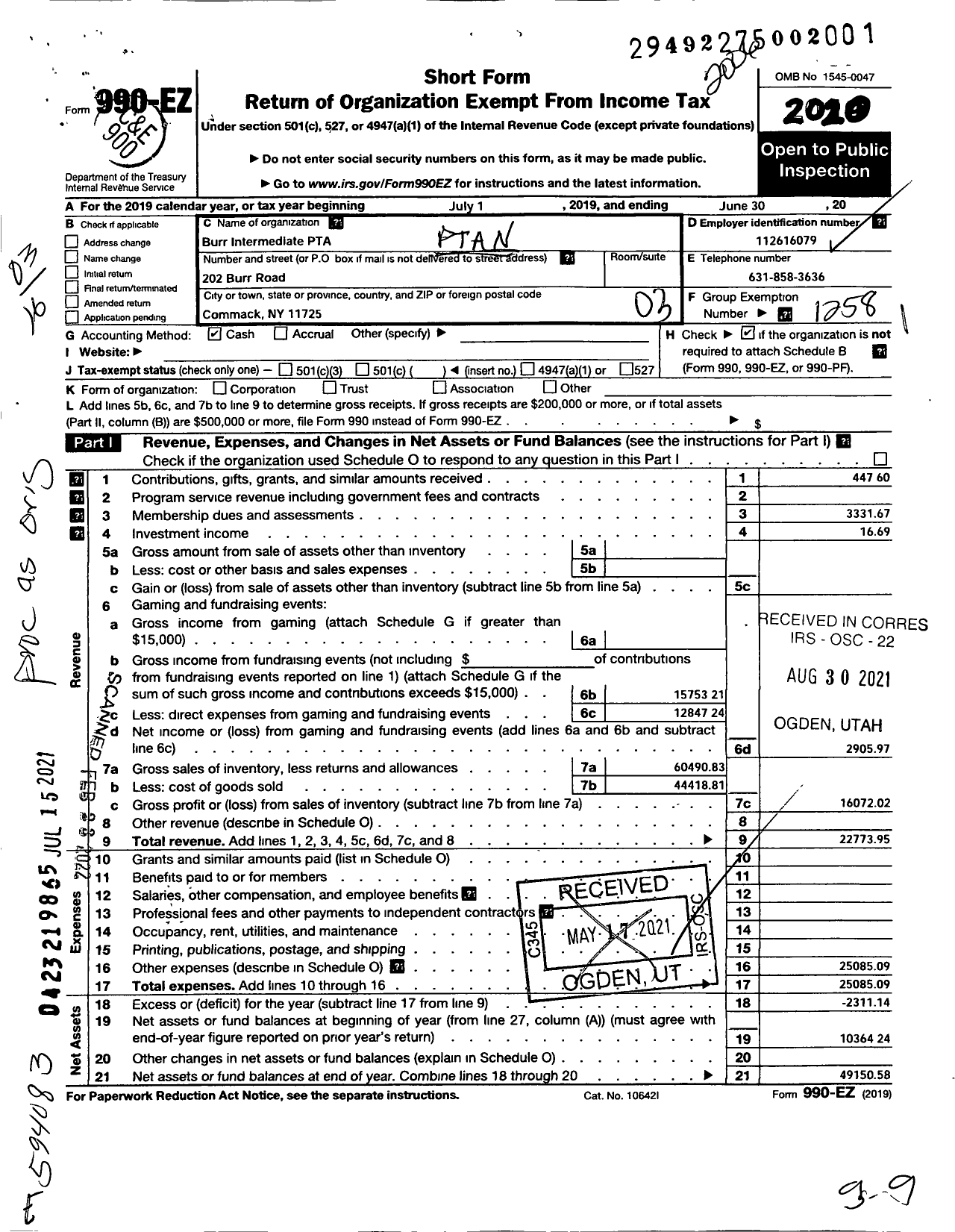 Image of first page of 2019 Form 990EZ for New York State PTA - 005-406 Burr Intermediate PTA