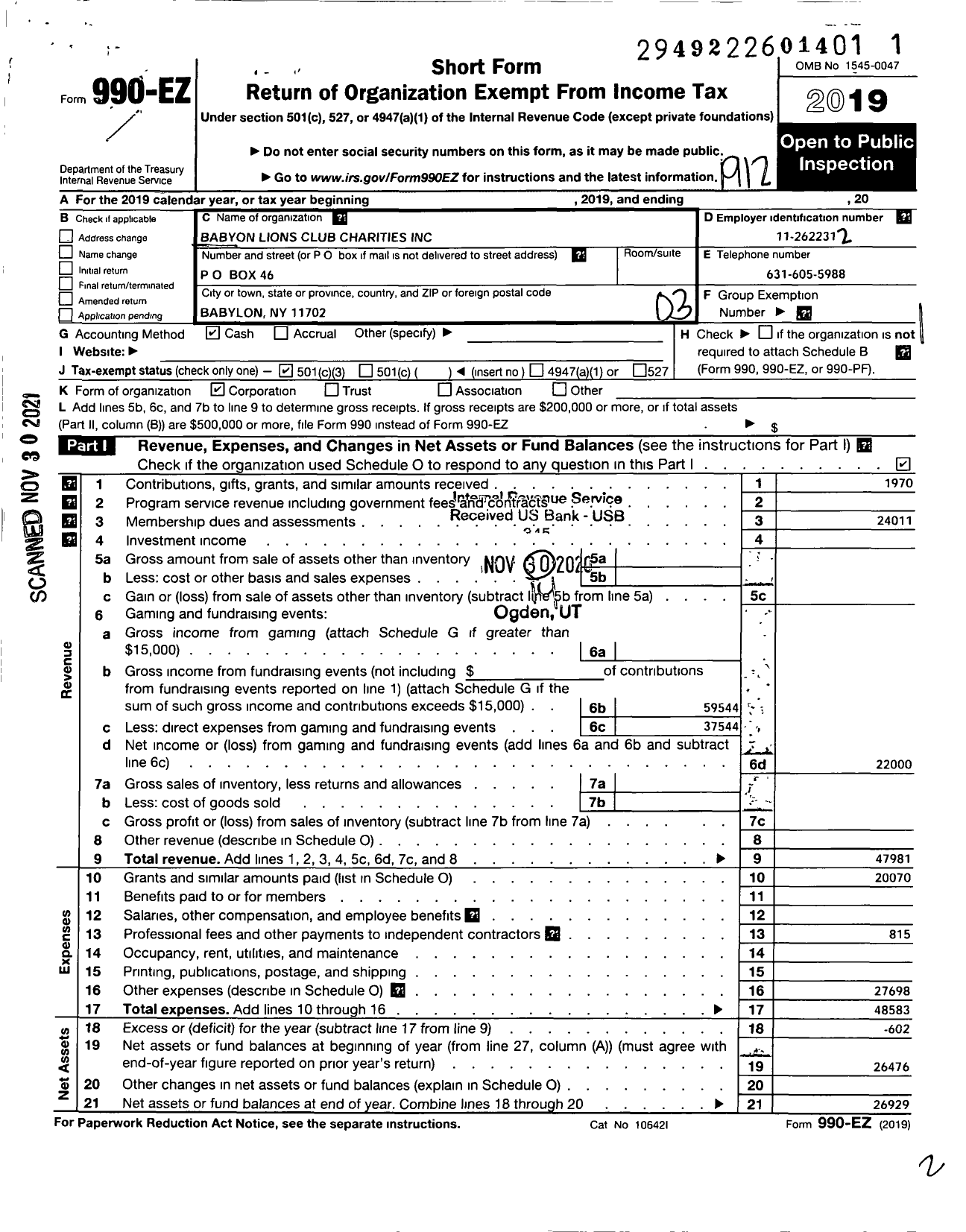 Image of first page of 2019 Form 990EZ for Babylon Lions Club Charities