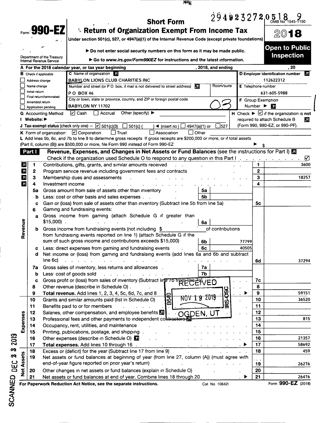 Image of first page of 2018 Form 990EZ for Babylon Lions Club Charities