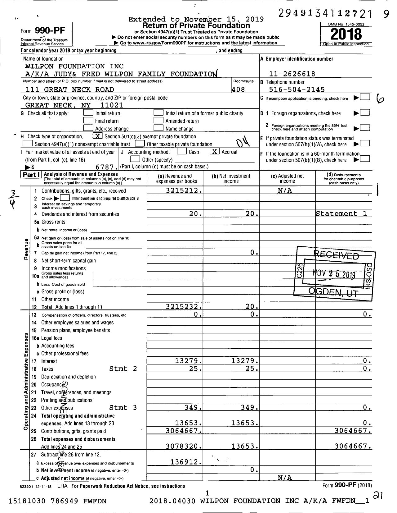 Image of first page of 2018 Form 990PF for Wilpon Foundation A / K / A Judy& Fred Wilpon Family Foundation