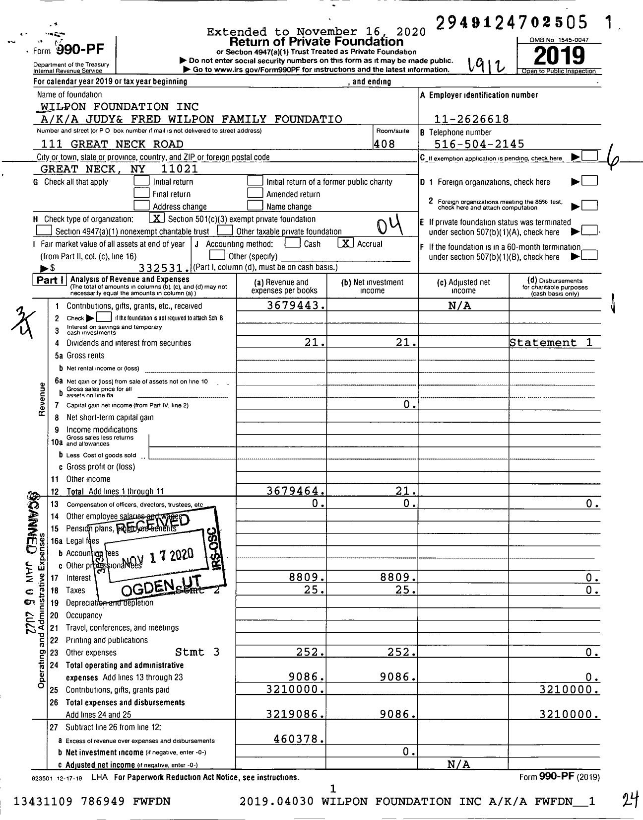 Image of first page of 2019 Form 990PF for Wilpon Foundation A / K / A Judy& Fred Wilpon Family Foundation