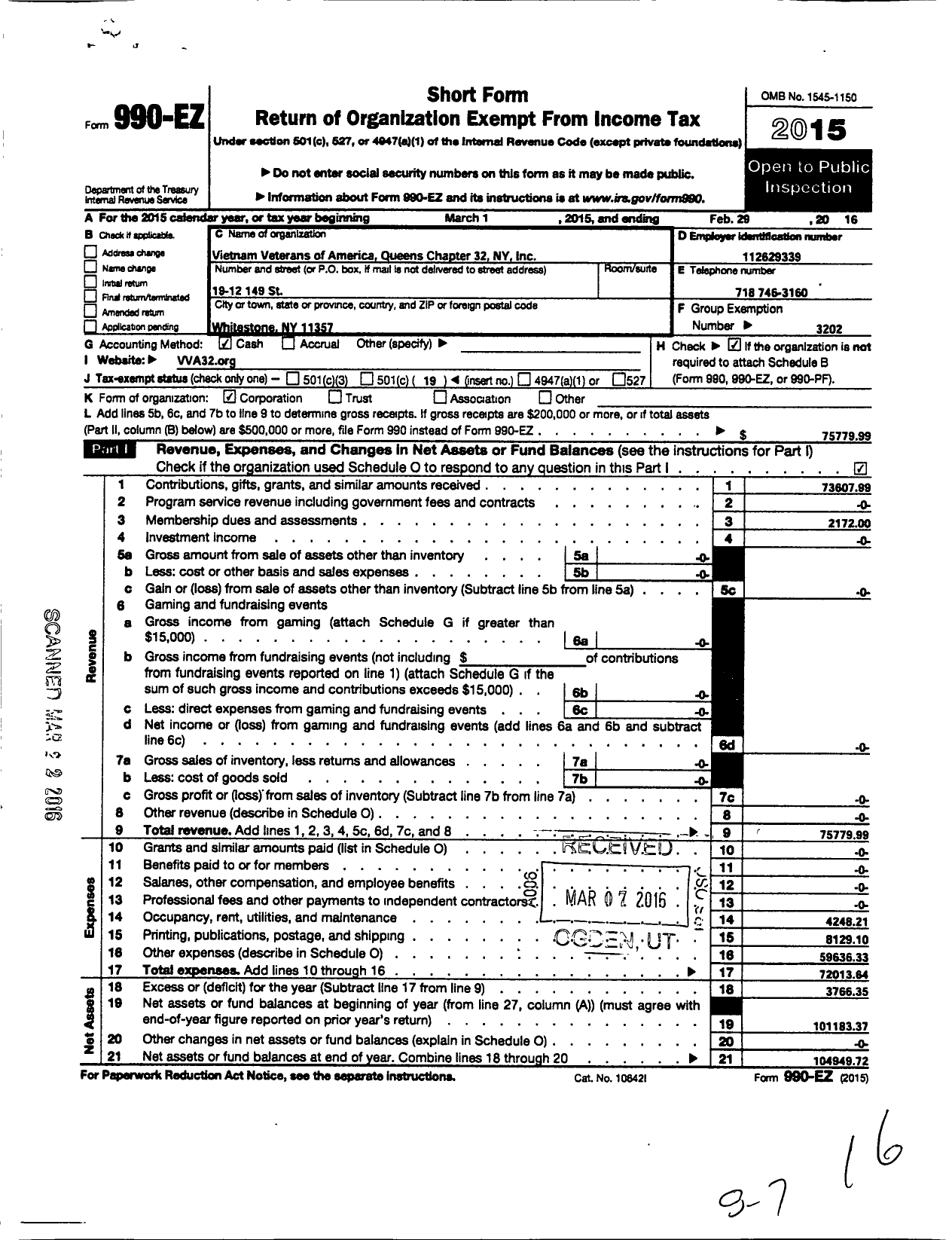 Image of first page of 2015 Form 990EO for Vietnam Veterans of America Queens Chapter 32