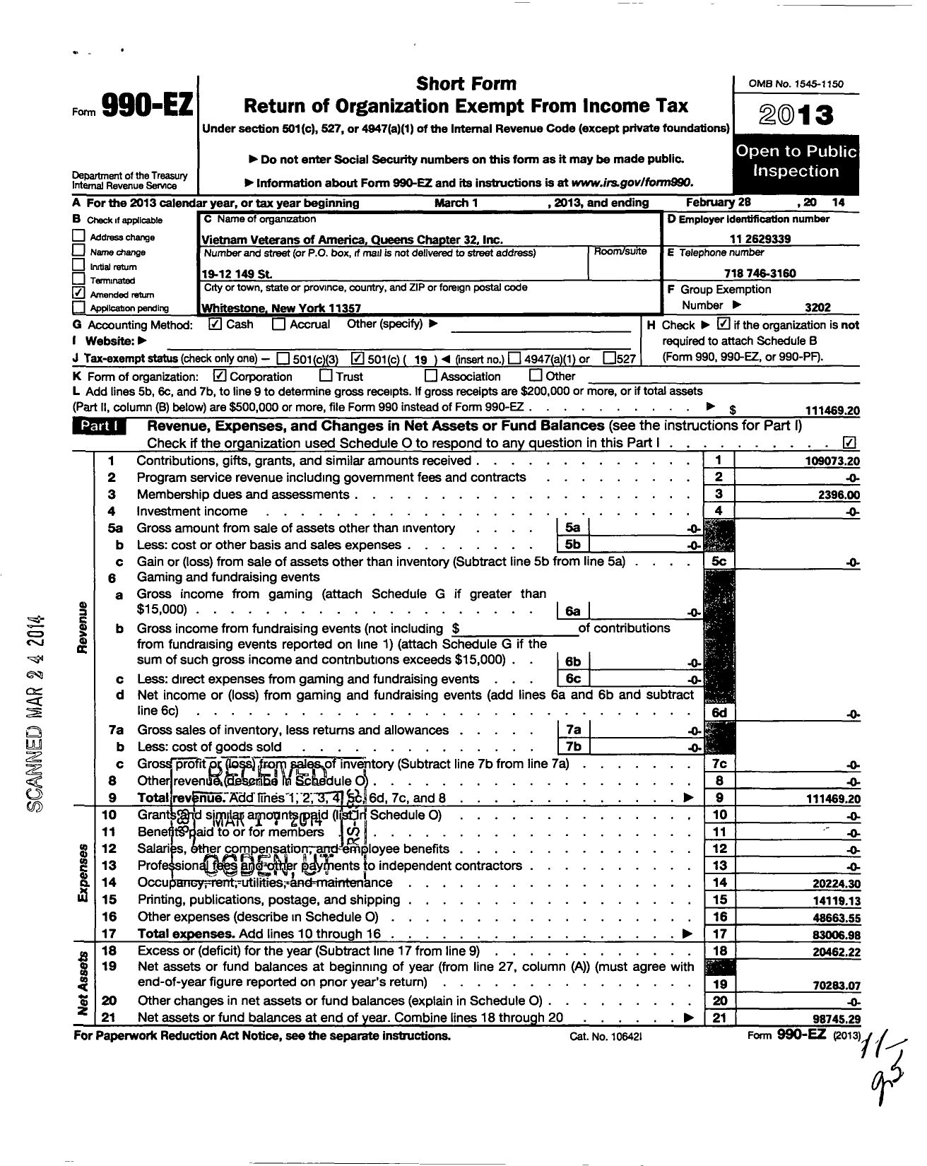 Image of first page of 2013 Form 990EO for Vietnam Veterans of America Queens Chapter 32