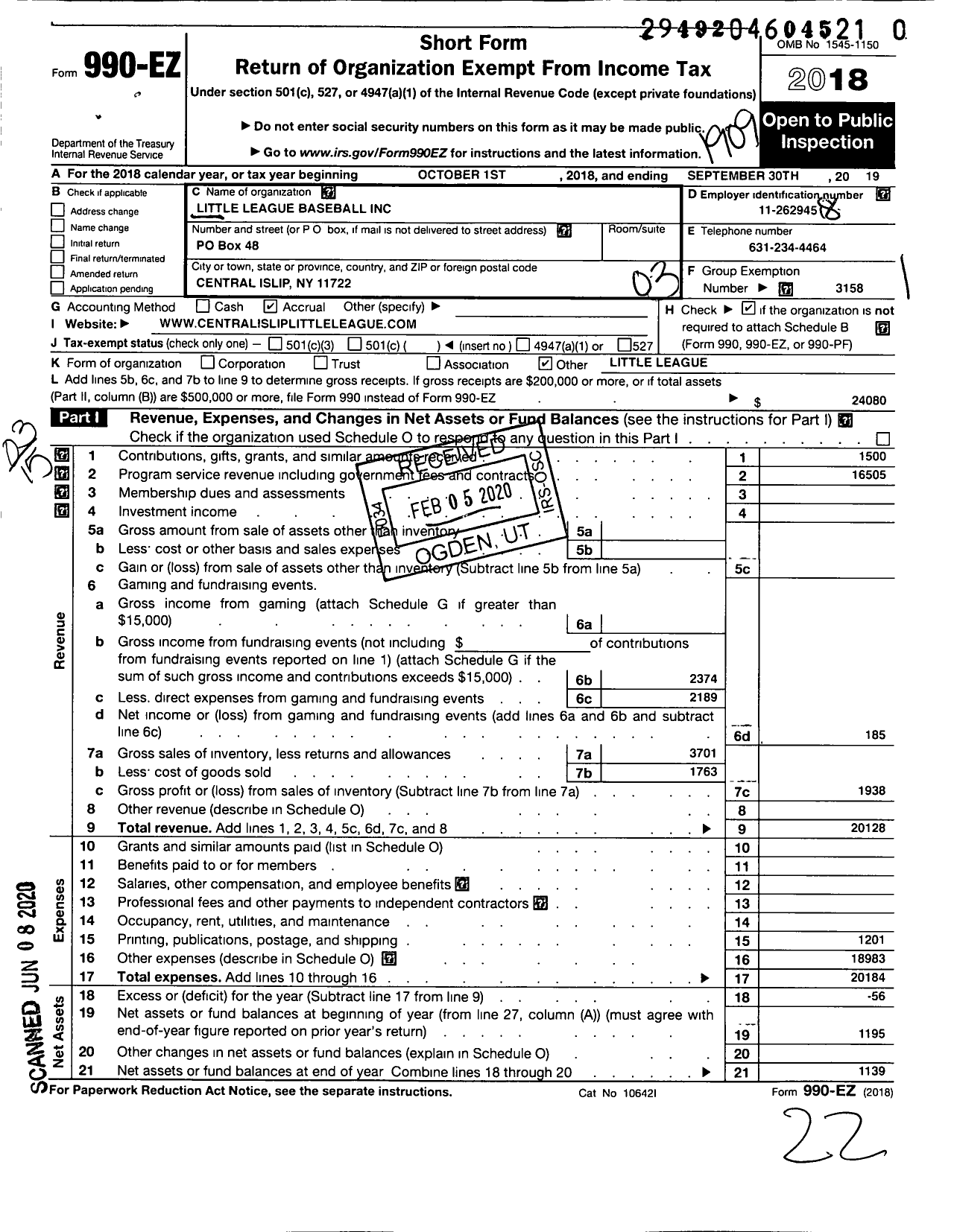 Image of first page of 2018 Form 990EZ for Little League Baseball - 2323505 Central Islip LL