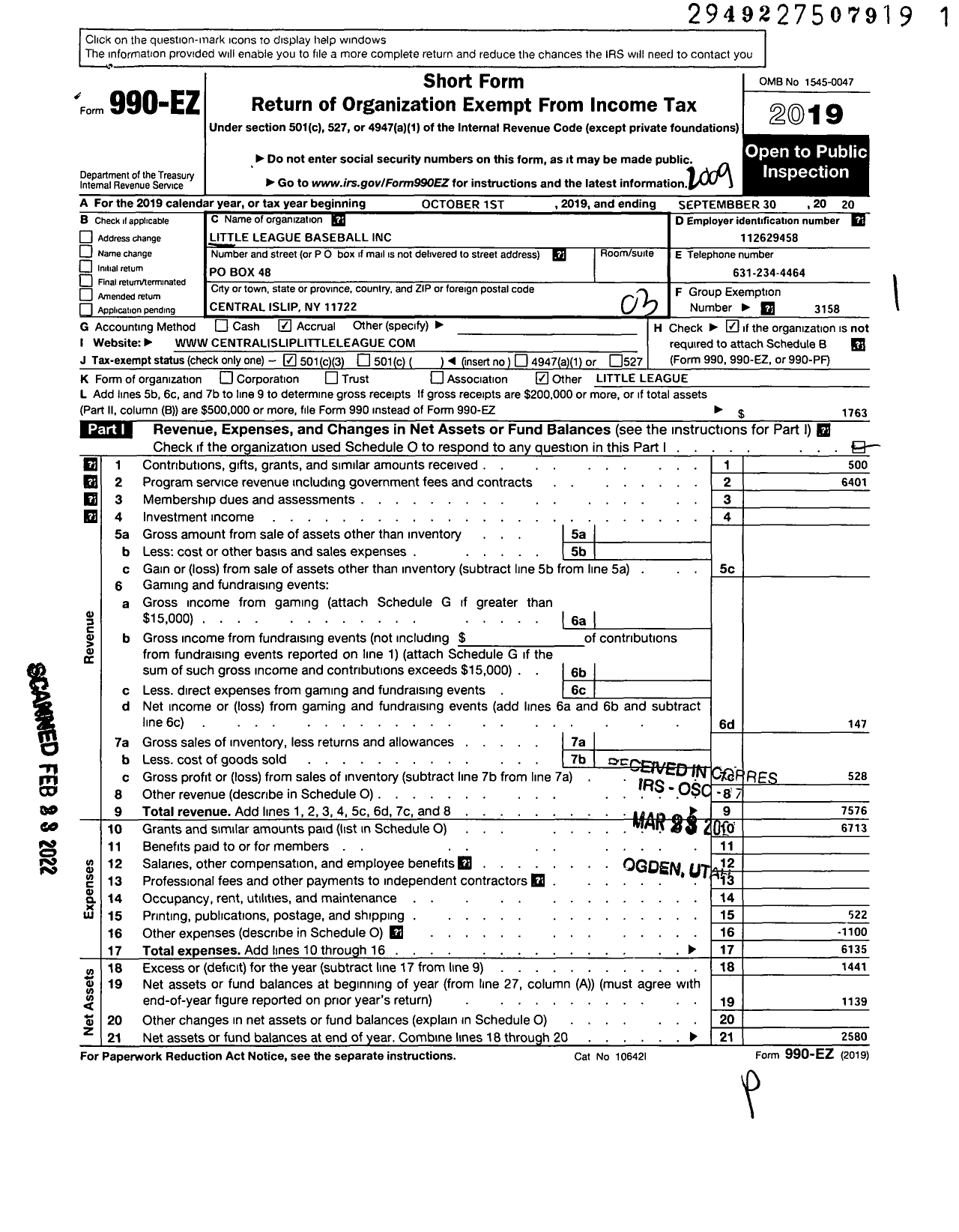 Image of first page of 2019 Form 990EZ for Little League Baseball - 2323505 Central Islip LL