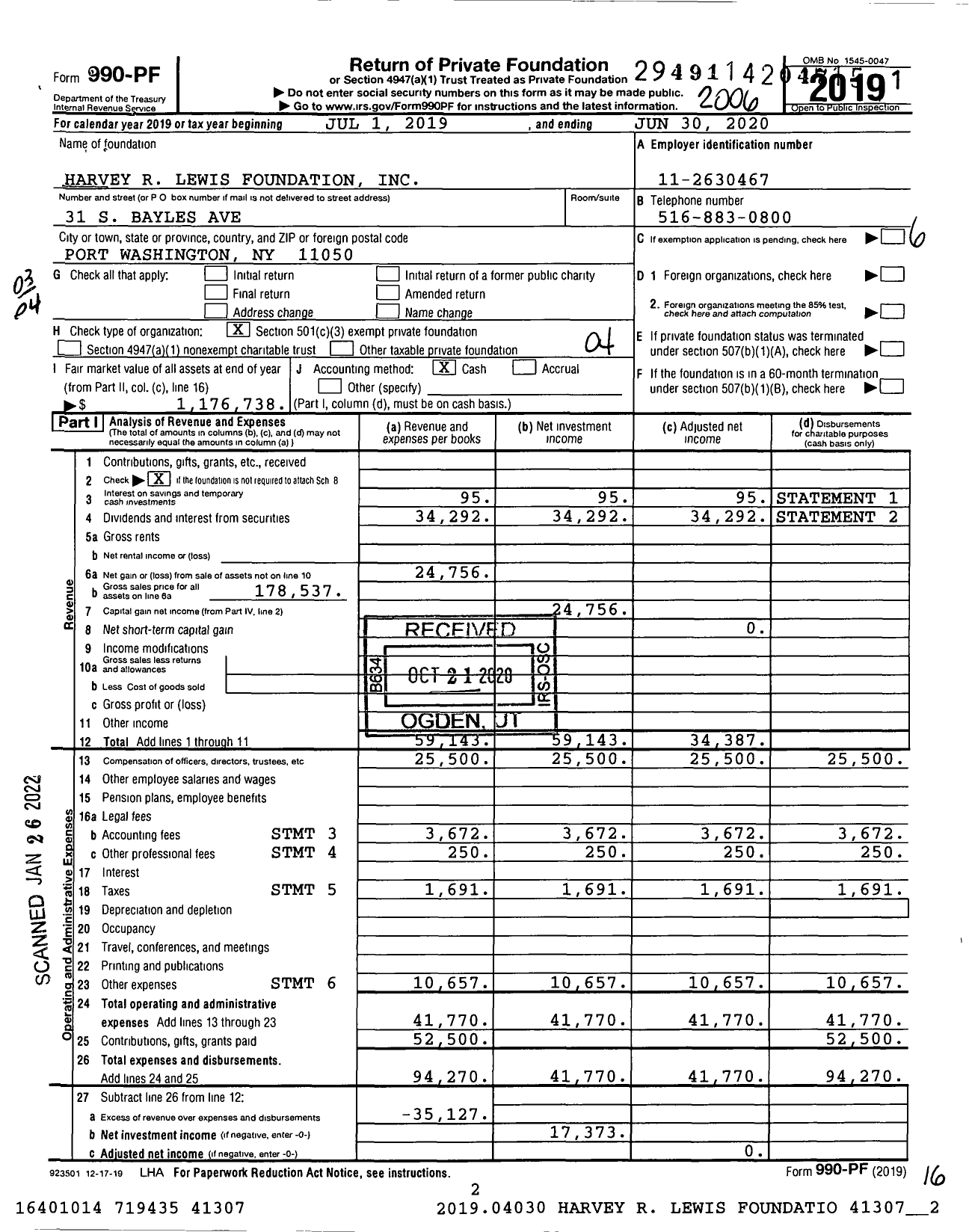 Image of first page of 2019 Form 990PF for Harvey R Lewis Foundation