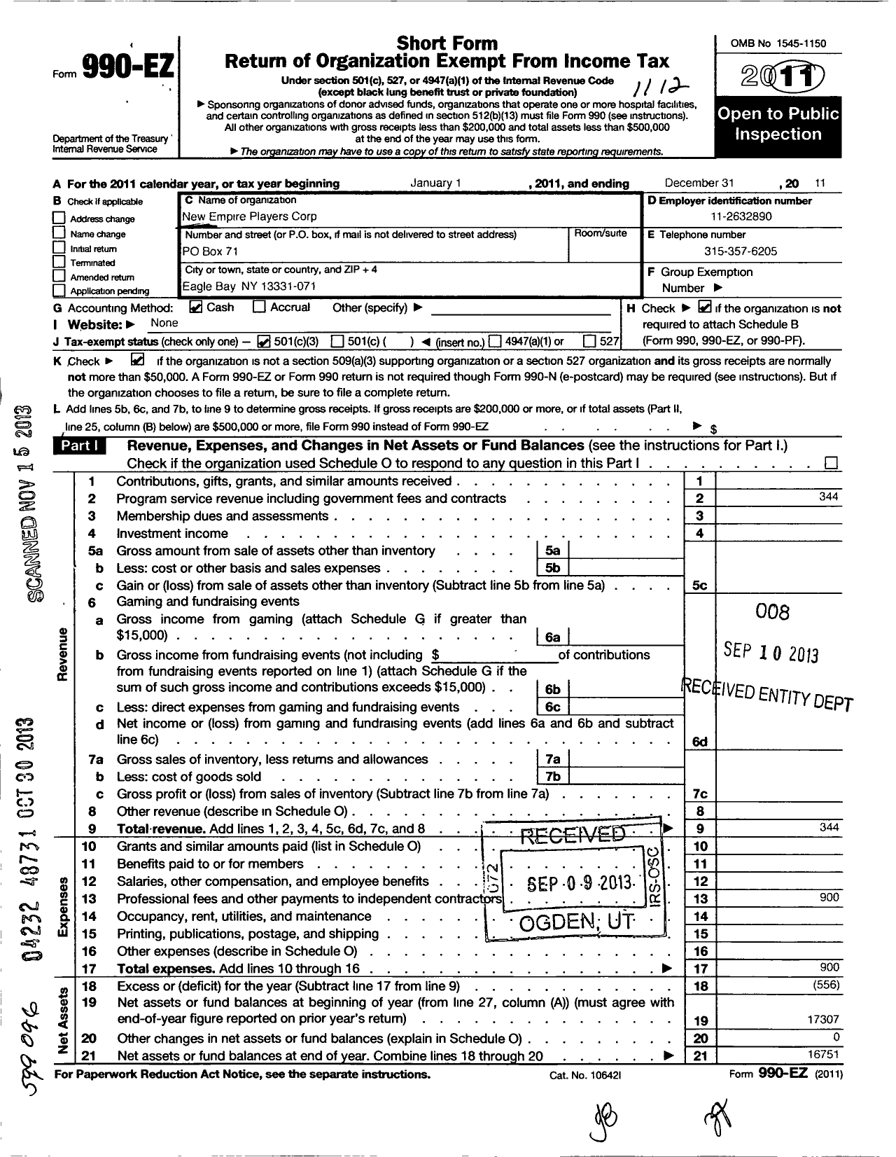 Image of first page of 2011 Form 990EZ for New Empire Players Corporation