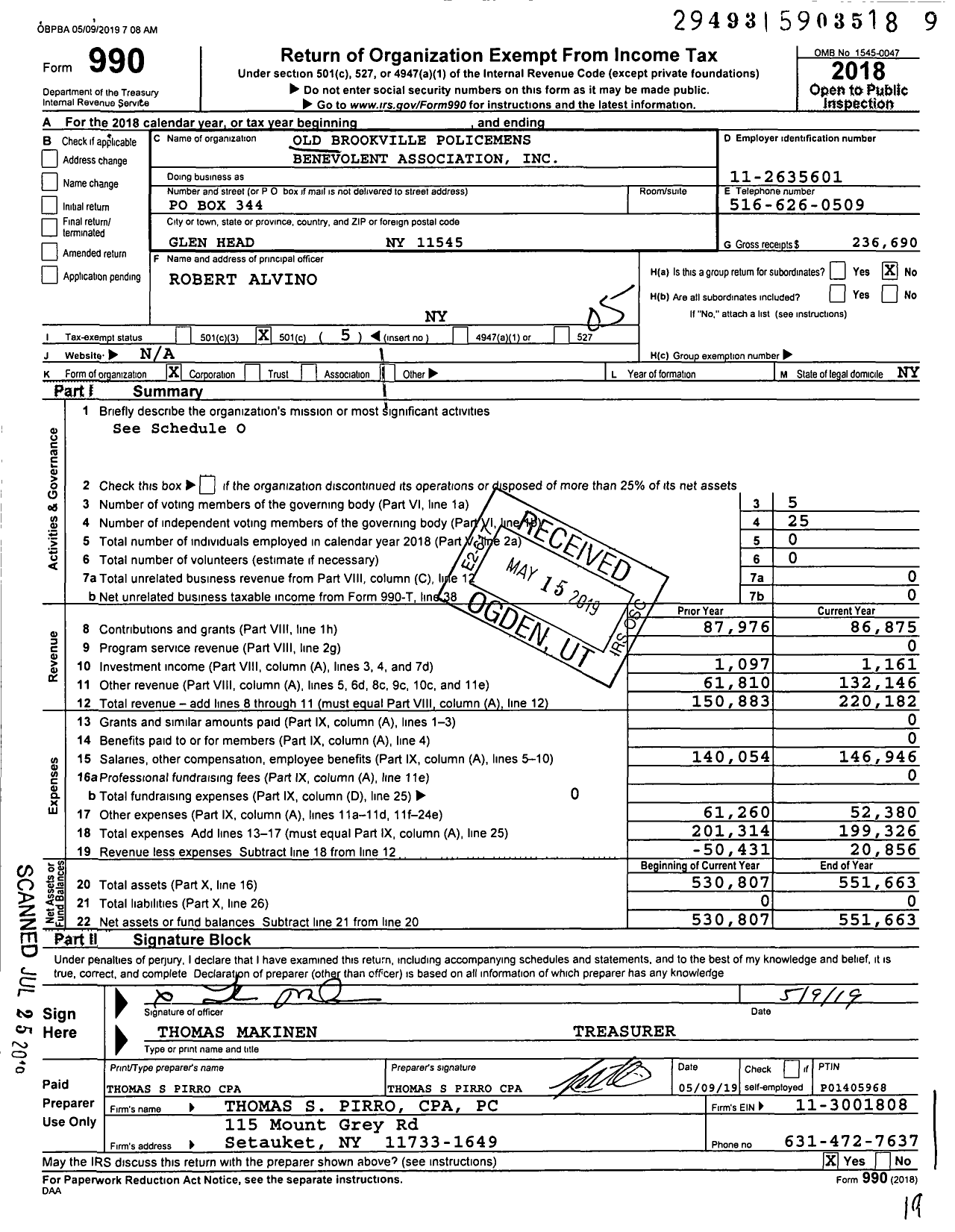 Image of first page of 2018 Form 990O for Old Brookville Policemens Benevolent Association