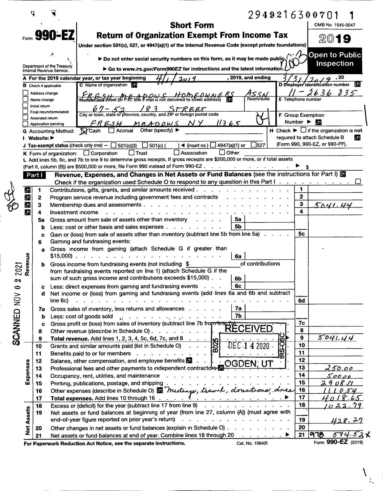 Image of first page of 2019 Form 990EO for Fresh Meadows Homeowners Civic Association