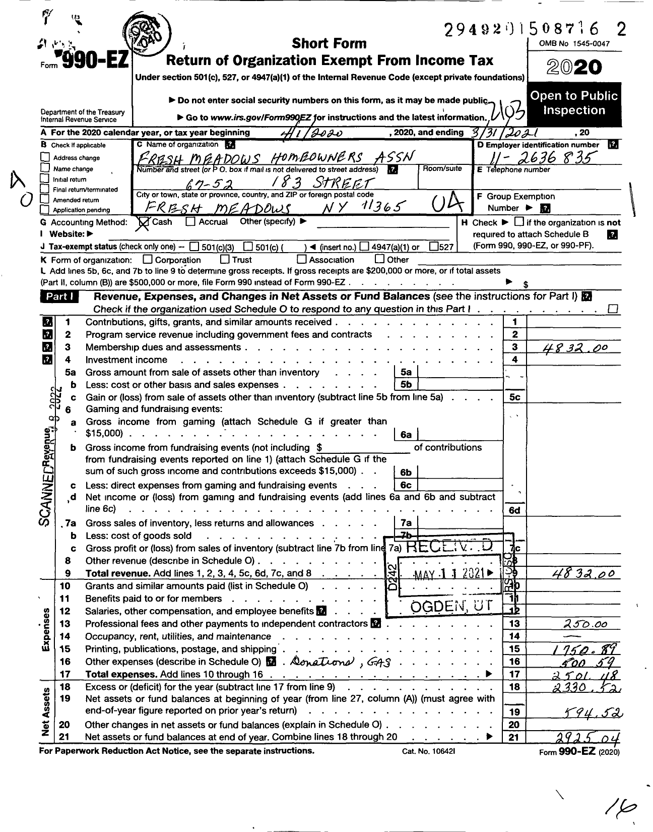 Image of first page of 2020 Form 990EO for Fresh Meadows Homeowners Civic Association