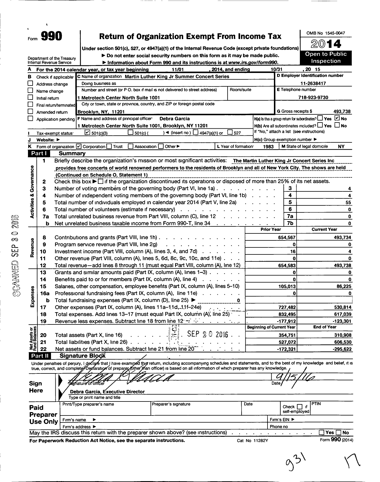 Image of first page of 2014 Form 990 for Martin Luther King Jr. Concert Series