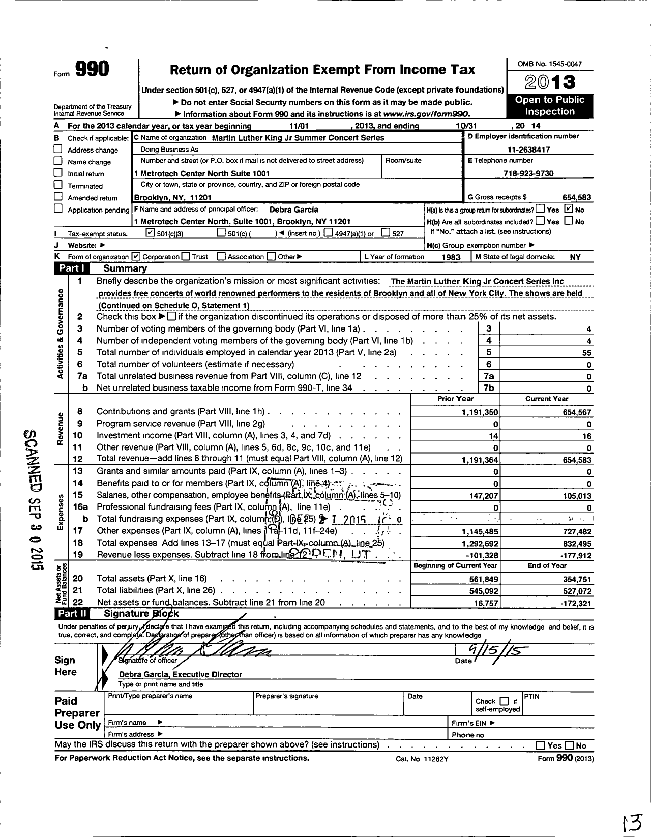 Image of first page of 2013 Form 990 for Martin Luther King Jr. Concert Series