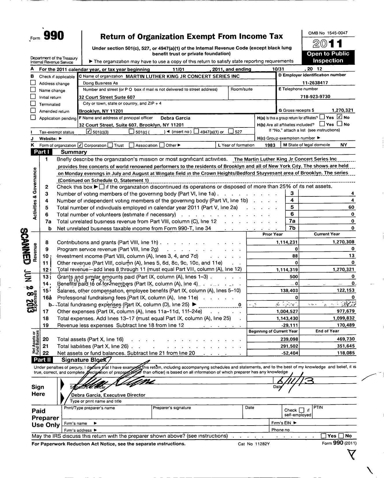 Image of first page of 2011 Form 990 for Martin Luther King Jr. Concert Series