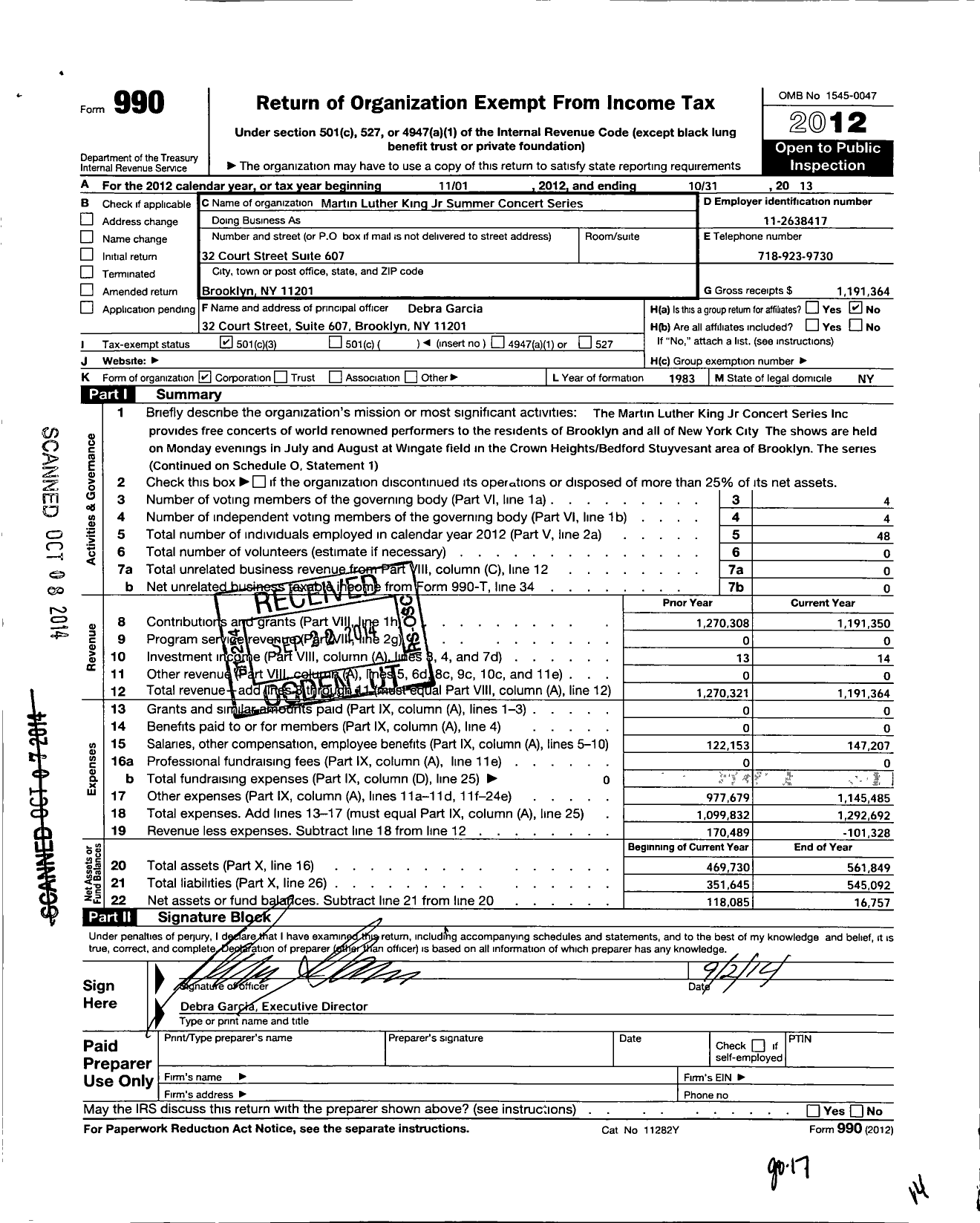 Image of first page of 2012 Form 990 for Martin Luther King Jr. Concert Series