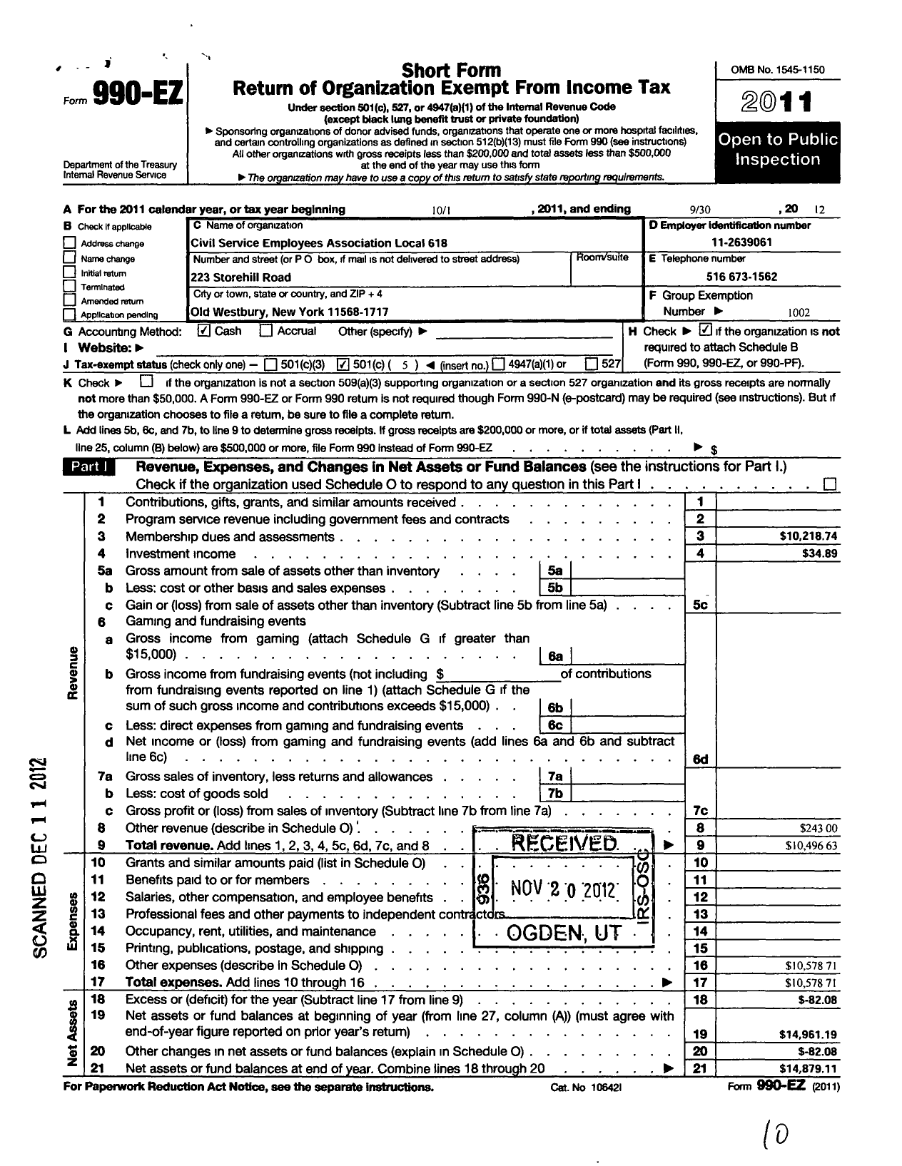 Image of first page of 2011 Form 990EO for Civil Service Employees Association - 0618 Suny at Old Westbury