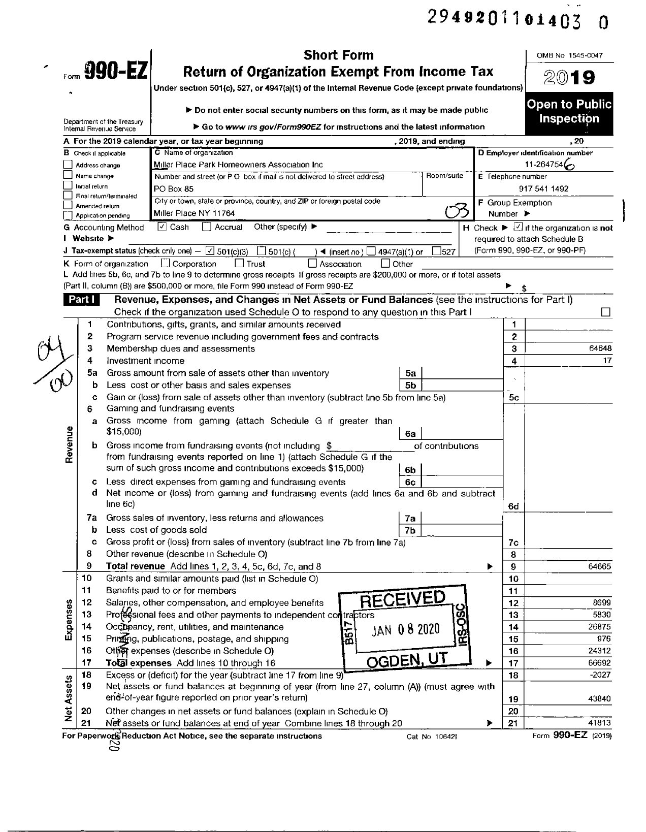 Image of first page of 2019 Form 990EO for Miller Place Park Homeowners Owners Association