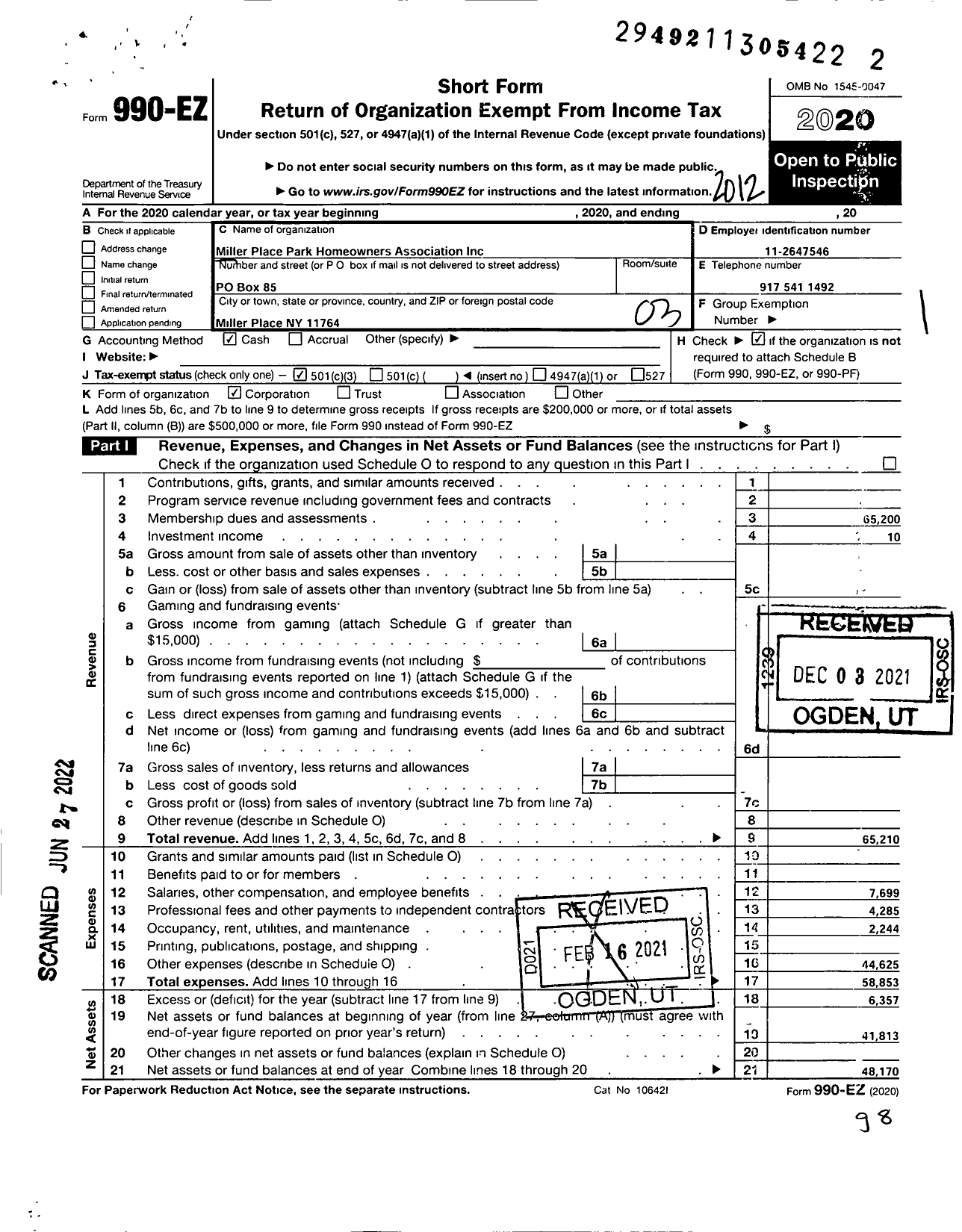 Image of first page of 2020 Form 990EZ for Miller Place Park Homeowners Owners Association