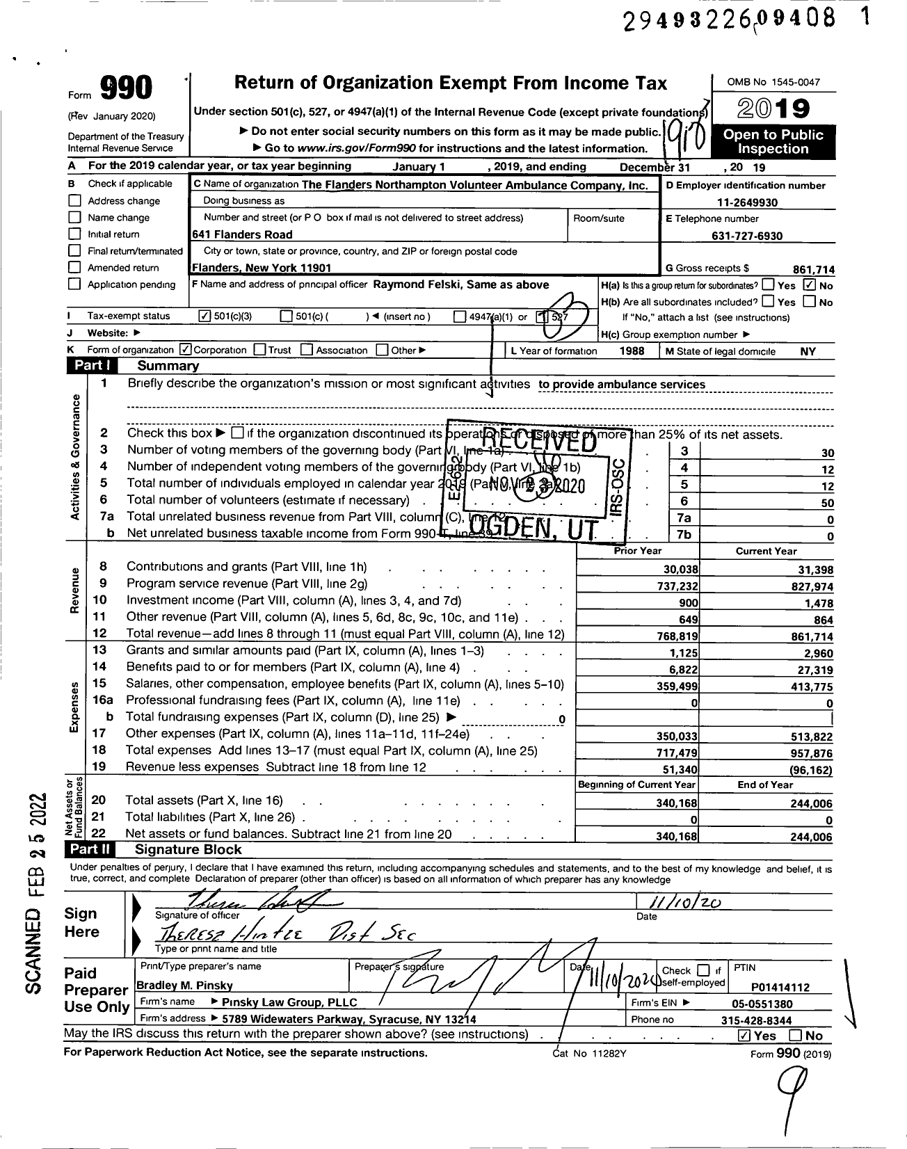 Image of first page of 2019 Form 990 for The Flanders Northampton Volunteer Ambulance Company