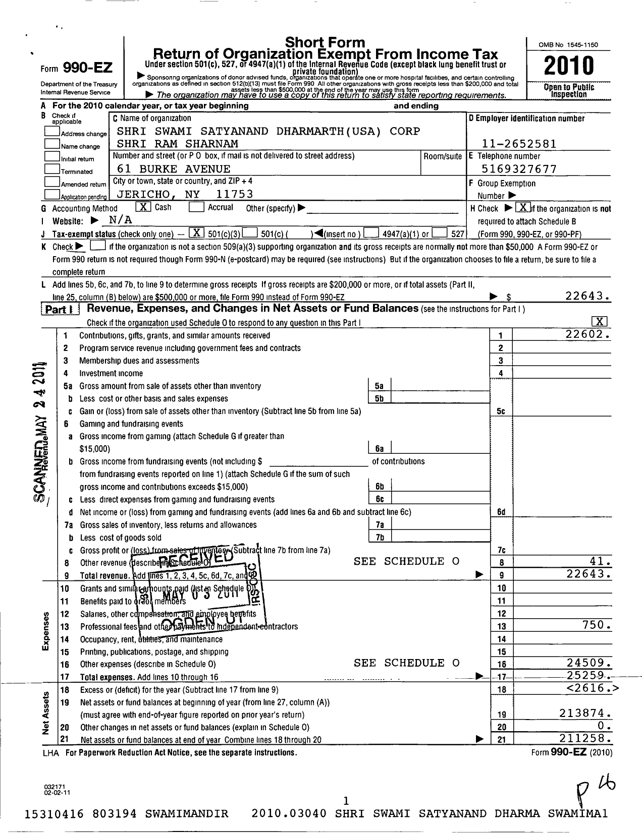 Image of first page of 2010 Form 990EZ for Shri Swami Satyanand Dharamarth USA Corporation