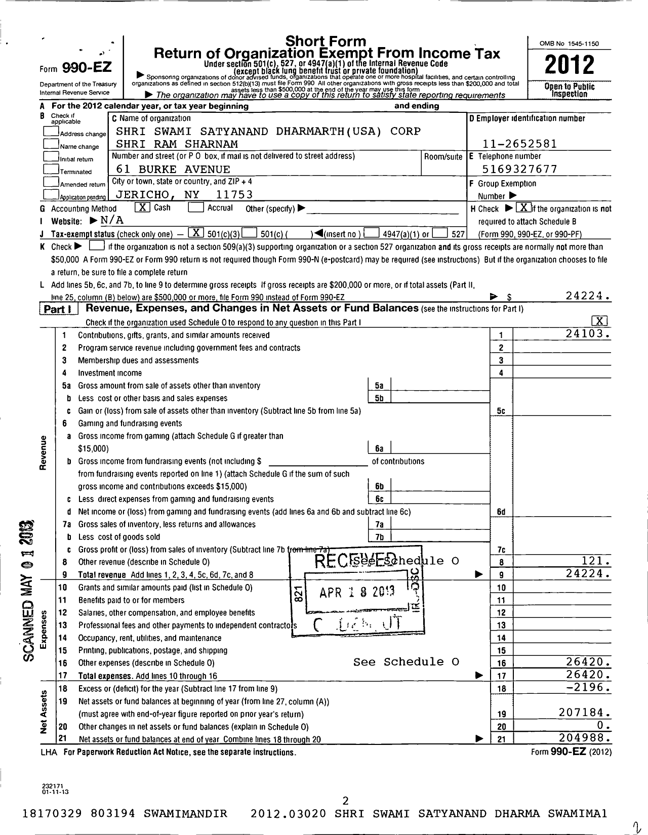 Image of first page of 2012 Form 990EZ for Shri Swami Satyanand Dharamarth USA Corporation