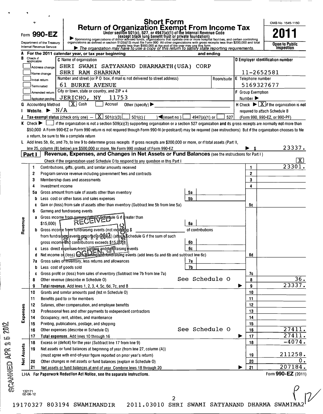 Image of first page of 2011 Form 990EZ for Shri Swami Satyanand Dharamarth USA Corporation