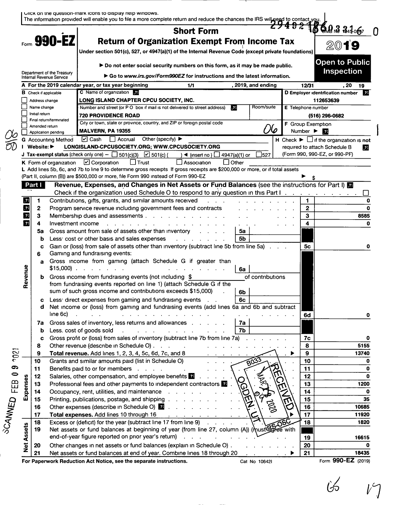 Image of first page of 2019 Form 990EO for Long Island Cpcu Society Chapter